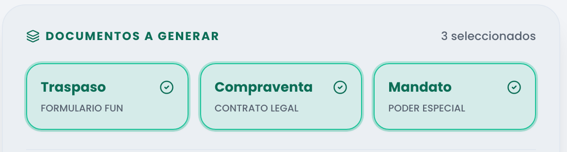 Captura de Mi Traspaso Ya con el selector de documentos: tres tarjetas marcadas — Traspaso (formulario FUN), Compraventa (contrato legal) y Mandato (poder especial) — y el rótulo «3 seleccionados».